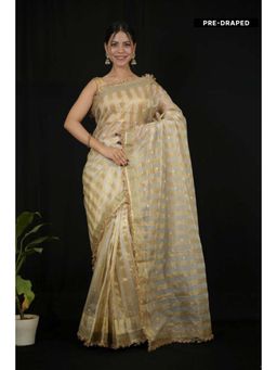 Isadora Life - Womens Stripes Embroidered Ivory Pre-Draped Saree With Unstitched Blouse