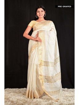 Isadora Life - Womens Stripes Zari Ivory Pre-Draped Saree With Unstitched Blouse