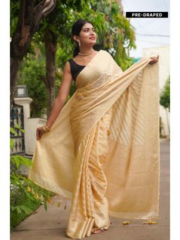 Isadora Life - Womens Stripes Tassels Beige Pre-Draped Saree With Unstitched Blouse
