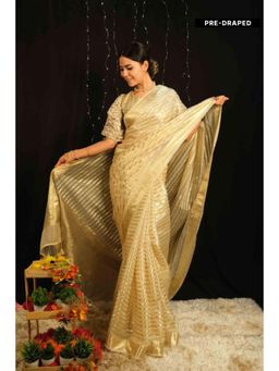 Isadora Life - Womens Stripes Tassels Gold Pre-Draped Saree With Unstitched Blouse