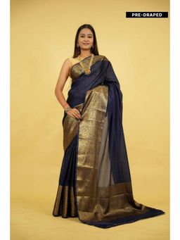 Isadora Life - Womens Woven Zari Navy Blue Pre-Draped Saree With Unstitched Blouse