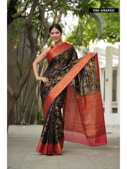 Isadora Life - Womens Floral Woven Green Pre-Draped Saree With Unstitched Blouse