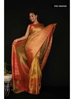 Isadora Life - Womens Solid Zari Gold Pre-Draped Saree With Unstitched Blouse