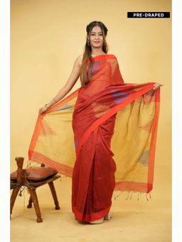 Isadora Life - Womens Woven Ikat Red Pre-Draped Saree With Unstitched Blouse