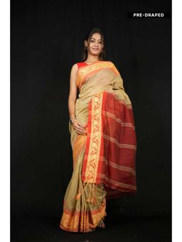Isadora Life - Womens Woven Tassels Beige Pre-Draped Saree With Unstitched Blouse