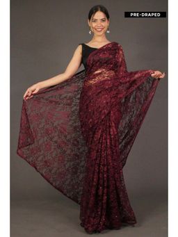 Isadora Life - Womens Sequined Lace Work Maroon Pre-Draped Saree With Unstitched Blouse