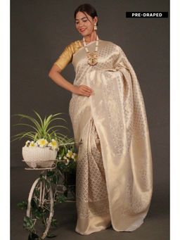 Isadora Life - Womens Woven Zari Ivory Pre-Draped Saree With Unstitched Blouse