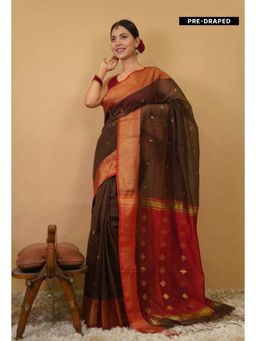 Isadora Life - Womens Woven Zari Brown Pre-Draped Saree With Unstitched Blouse