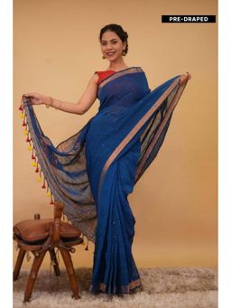 Isadora Life - Womens Woven Sequined Blue Pre-Draped Saree With Unstitched Blouse