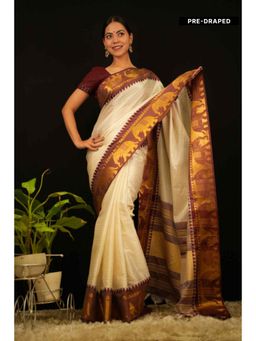 Isadora Life - Womens Checks Zari Ivory Pre-Draped Saree With Unstitched Blouse