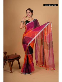 Isadora Life - Womens Woven Tassels Multi-Color Pre-Draped Saree With Unstitched Blouse