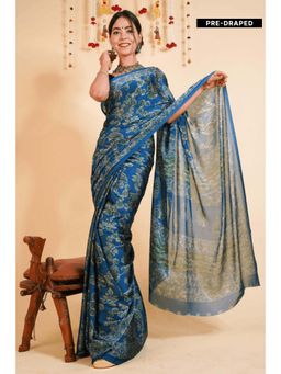 Isadora Life - Womens Floral Printed Blue Pre-Draped Saree With Unstitched Blouse