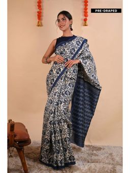 Isadora Life - Womens Printed Indigo Pre-Draped Saree With Unstitched Blouse