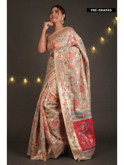 Isadora Life - Womens Printed Beige Pre-Draped Saree With Unstitched Blouse