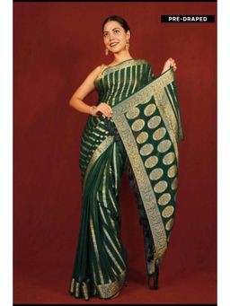 Isadora Life - Womens Woven Tassels Green Pre-Draped Saree With Unstitched Blouse