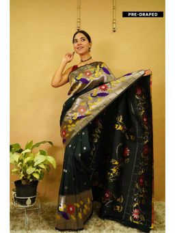 Isadora Life - Womens Floral Woven Green Pre-Draped Saree With Unstitched Blouse