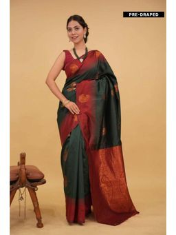 Isadora Life - Womens Paisley Zari Green Pre-Draped Saree With Unstitched Blouse