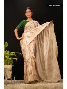 Isadora Life - Womens Floral Embroidered Beige Pre-Draped Saree With Unstitched Blouse