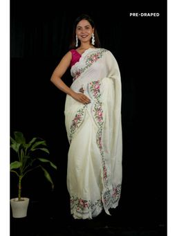 Isadora Life - Womens Floral Embroidered White Pre-Draped Saree With Unstitched Blouse