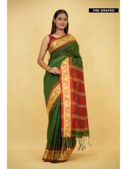 Isadora Life - Womens Woven Tassels Green Pre-Draped Saree With Unstitched Blouse