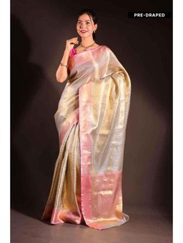 Isadora Life - Womens Woven Zari Beige Pre-Draped Saree With Unstitched Blouse