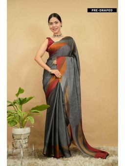 Isadora Life - Womens Printed Grey Pre-Draped Saree With Unstitched Blouse