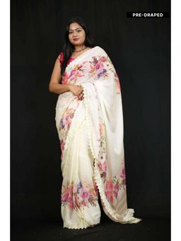 Isadora Life - Womens Embroidered Lace Work White Pre-Draped Saree With Unstitched Blouse