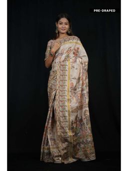 Isadora Life - Womens Printed Off White Pre-Draped Saree With Unstitched Blouse