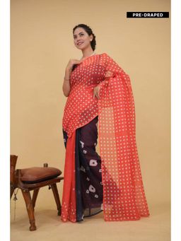 Isadora Life - Womens Polka Dots Bandhani Multi-Color Pre-Draped Saree With Unstitched Blouse