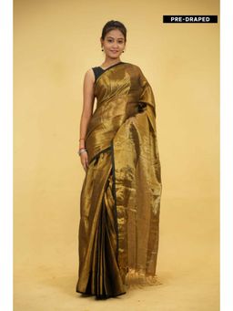 Isadora Life - Womens Woven Tassels Gold Pre-Draped Saree With Unstitched Blouse