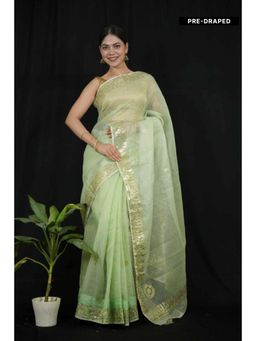 Isadora Life - Womens Sequined Gota Green Pre-Draped Saree With Unstitched Blouse
