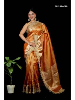 Isadora Life - Womens Woven Lace Work Orange Pre-Draped Saree With Unstitched Blouse