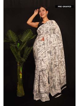 Isadora Life - Womens Typography Printed Off White Pre-Draped Saree With Unstitched Blouse