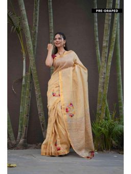 Isadora Life - Womens Embroidered Sequined Beige Pre-Draped Saree With Unstitched Blouse