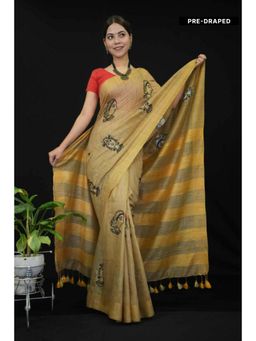Isadora Life - Womens Embroidered Tassels Beige Pre-Draped Saree With Unstitched Blouse
