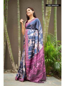 Isadora Life - Womens Floral Printed Navy Blue Pre-Draped Saree With Unstitched Blouse
