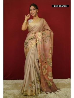 Isadora Life - Womens Floral Tassels Beige Pre-Draped Saree With Unstitched Blouse