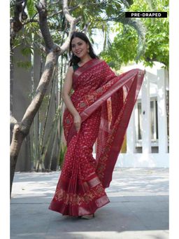 Isadora Life - Womens Bandhani Printed Red Pre-Draped Saree With Unstitched Blouse