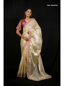 Isadora Life - Womens Embroidered Sequined Ivory Pre-Draped Saree With Unstitched Blouse