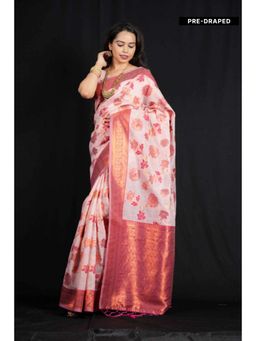 Isadora Life - Womens Floral Zari Pink Pre-Draped Saree With Unstitched Blouse