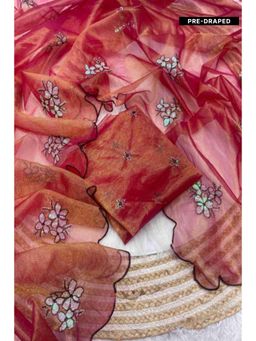 Isadora Life - Womens Embroidered Sequined Rust Pre-Draped Saree With Unstitched Blouse