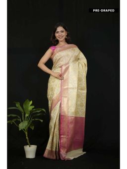 Isadora Life - Womens Woven Zari Ivory Pre-Draped Saree With Unstitched Blouse