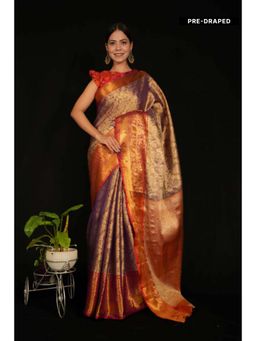 Isadora Life - Womens Floral Zari Gold Pre-Draped Saree With Unstitched Blouse