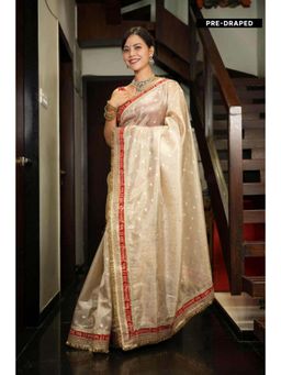 Isadora Life - Womens Woven Zari Beige Pre-Draped Saree With Unstitched Blouse