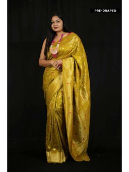 Isadora Life - Womens Woven Zari Gold Pre-Draped Saree With Unstitched Blouse