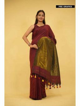 Isadora Life - Womens Woven Tassels Maroon Pre-Draped Saree With Unstitched Blouse