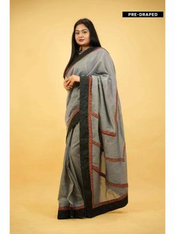 Isadora Life - Womens Printed Grey Pre-Draped Saree With Unstitched Blouse