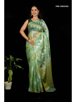 Isadora Life - Womens Embroidered Zari Green Pre-Draped Saree With Unstitched Blouse