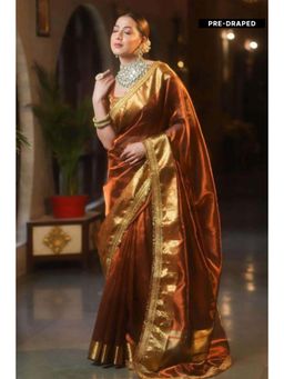 Isadora Life - Womens Woven Zari Brown Pre-Draped Saree With Unstitched Blouse