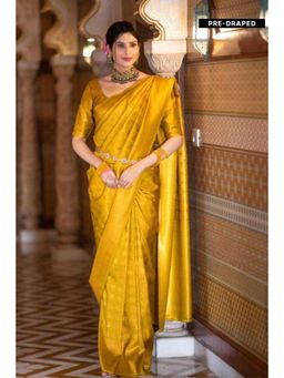 Isadora Life - Womens Woven Zari Yellow Pre-Draped Saree With Unstitched Blouse